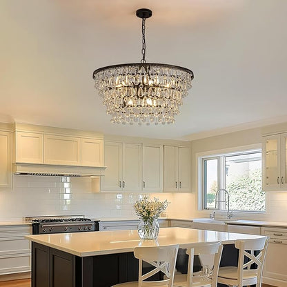 7PM Vintage Crystal Chandelier for Dining Room,28-inch Antique Crystal Ceiling Light Fixture, 5-Tier Bronze Chandelier for Living Room, Kitchen Island, Bedroom, Entryway