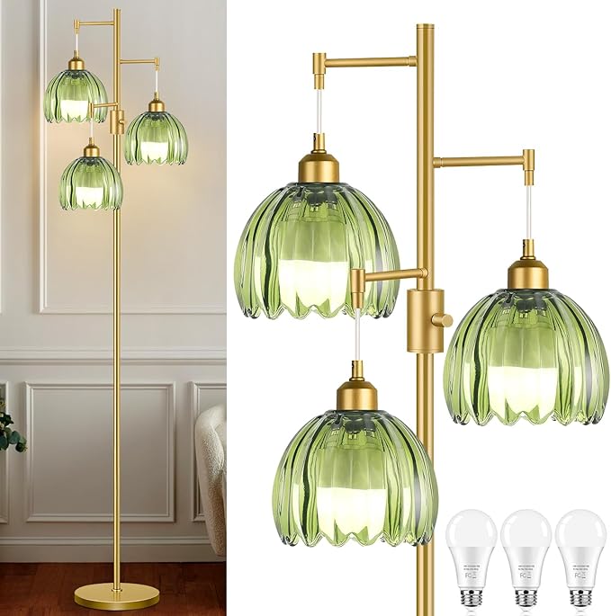 ZECOXOL Dimmable Floor Lamps for Living Room-3 Light Gold Floor Lamp with Three Bulbs & Glass Lampshape, Mid Century Modern Standing Lamp Tree Tall Flower Floor Lamp for Bedroom Living Room,Corner