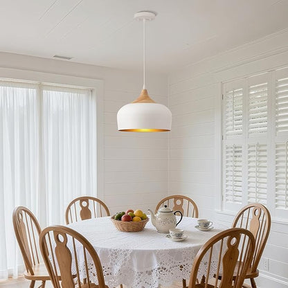 White Pendant Light, 12in Solid Wood Pendant Lights Fixture Adjustable Modern Hanging Lighting, for Kitchen Island Dining Room Sink Bar Office Bedroom
