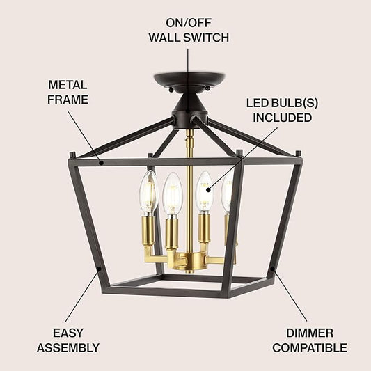 JONATHAN Y 12" Oil Rubbed Bronze/Brass Gold Modern Farmhouse Pagoda 4-Light LED Semi Flush Mount Lantern, Metal Ceiling Light Fixture for Kitchen, Hallway, Entryway, Bedroom, Hardwired (JYL7610G)
