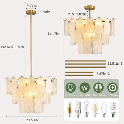 KELUOLY Modern Gold Chandelier Lighting, D23.6 Inch Creative Cloud Glass Pendant Ceiling Fixture Lamp, 3 Tier Round Crystal Glass Chandelier, 9-Light for Living Room Bedroom Dining Room (E12)