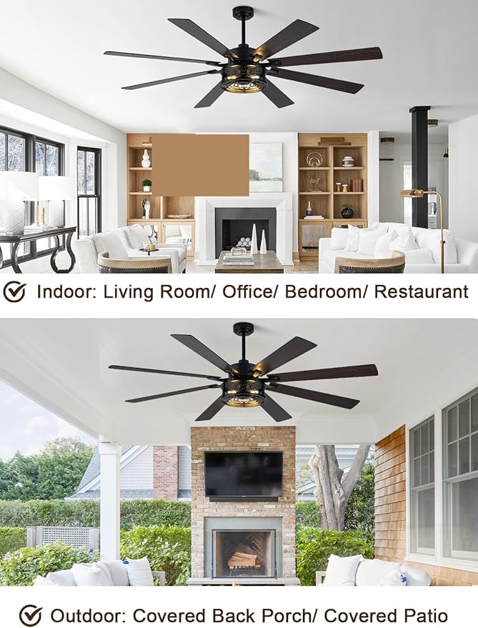 72 Inch Farmhouse Ceiling Fan with Lights and Remote Large Rustic Ceiling Fan Black Caged Fandelier Industrial Chandelier Light, Reversible Quiet DC Motor 6 Speed for Indoor Outdoor