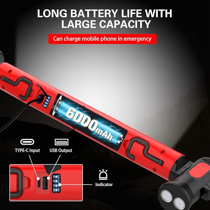ERAY Magnetic LED Work Light, 6000mAh /3000LM Rechargeable Under Hood Work Light Bar - Mechanic Light with 3 Modes 360° Adjustable Waterproof, Car Repairing Inspection Garage Workshop Emergency