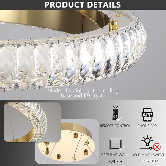 24" Ring Modern LED Dimmable Crystal Chandelier Adjustable Height Pendant Light Round Crystal Chandelier Light Fixtures for Dining Room Living Room Kitchen Island Gold