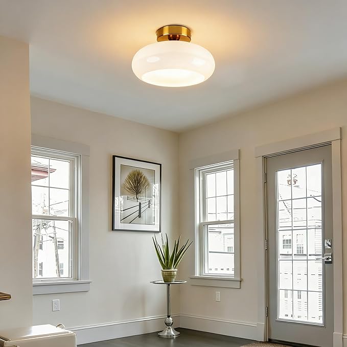 Mid Century Modern Ceiling Light Milk White Glass Globe Flush Mount Ceiling Light 11" Brass Close to Ceiling Light Fixtures for Kitchen Bedroom Hallway Closet