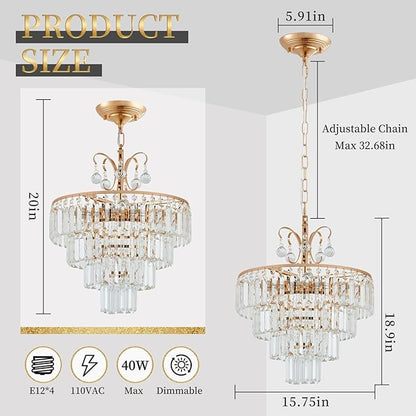 4 -Lights Crystal Chandelier,20'' Gold Crystal Chandeliers,4 Tier Semi Flush Mount Chandelier Modern Luxury Gold Flush Mount for Living Room Dining Bedroom Kitchen E12 Base