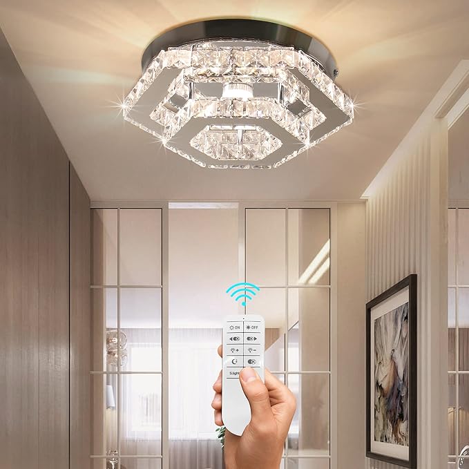 Modern Chandelier Crystal Flush Mount Ceiling Light LED Pendant Lamp Dimmable Chandelier for Dining Room Living Room Bedroom Kitchen Hallway(Remote Control)