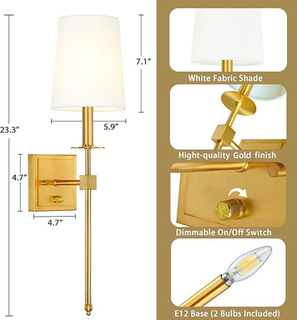 Untrammelife Gold Wall Sconces Set of Two, Farmhouse Sconces Wall Lighting with Dimmer ON/Off Switch, Industrial Hardwired Wall Lamps for Bedrooms, Living Room, Bathroom, Vanity (Bulbs Included)
