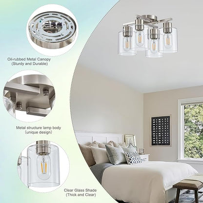 Semi Flush Mount Ceiling Light Kitchen Lighting Fixtures Ceiling Brushed Nickel Kitchen Cieling Light Fixtures with Clear Glass Shade for Dining Room Bedroom Living Room Hallway E26 Scoket