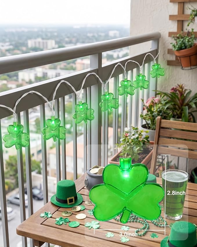 SUNSGNE Shamrock String Lights St. Patrick's Day Lights, 8.5Ft Outdoor Patio String Light with 10 LED Green Shamrock, Plug in Fairy Lucky Clover String Lights for Home Garden Irish Party Decoration