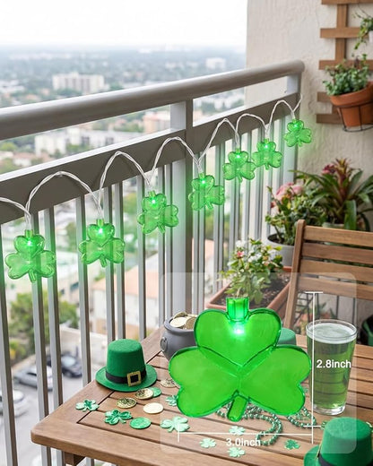 SUNSGNE Shamrock String Lights St. Patrick's Day Lights, 8.5Ft Outdoor Patio String Light with 10 LED Green Shamrock, Plug in Fairy Lucky Clover String Lights for Home Garden Irish Party Decoration