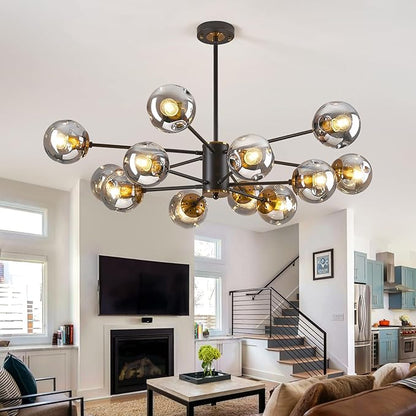 DDLLDESHI 2 Tiered Modern Gold Chandelier Sputnik Ceiling Light Fixture with 12 Globe Glass Bubble Shade Chandeliers for Dining Room Hotel Bar Home Billiard Room (41" Large Black Chandelier)