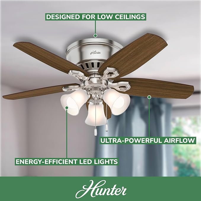 Hunter 42 inch Indoor Ceiling Fan with LED Lights - Ceiling Fan with Pull Chain, For Bedroom, Living Room, or Kitchen, Low Profile Flush Mount, No Remote, 5 Blades - Builder 51092, Brushed Nickel
