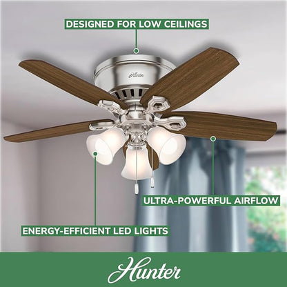 Hunter 42 inch Indoor Ceiling Fan with LED Lights - Ceiling Fan with Pull Chain, For Bedroom, Living Room, or Kitchen, Low Profile Flush Mount, No Remote, 5 Blades - Builder 51092, Brushed Nickel