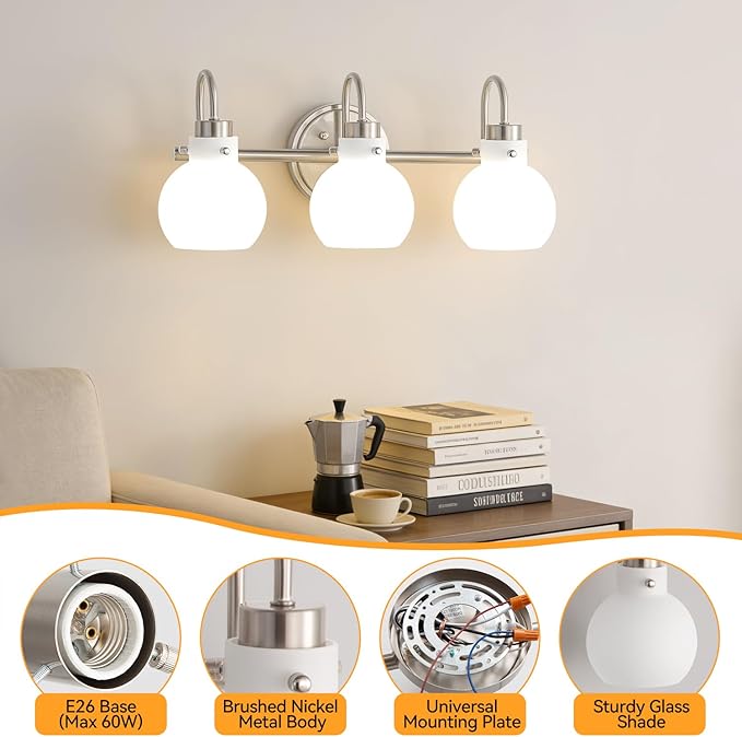 Bathroom Light Fixtures Brushed Nickel 3 Light Vanity Light Wall Sconces with Milk Globe Glass Shades Bath Wall Lamp over Mirror Farmhouse Wall Mount Lights for Kitchen Living Room Bedroom Hallway