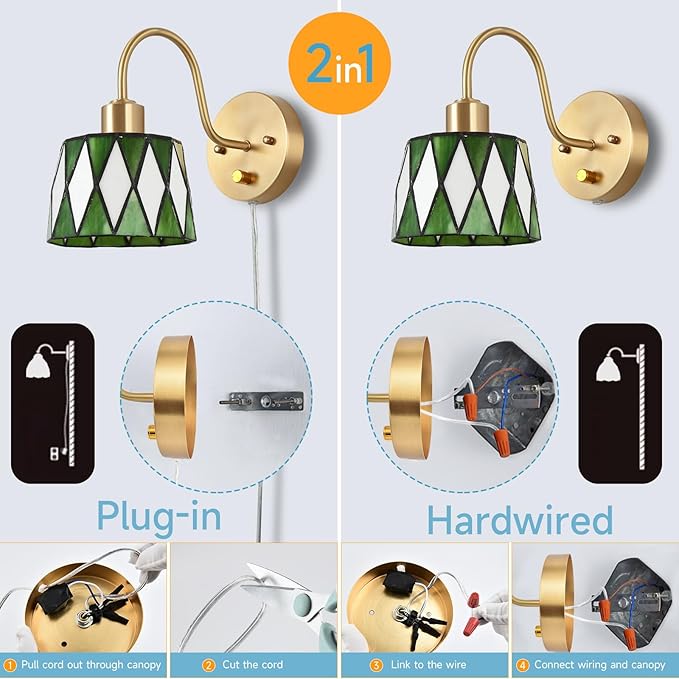 Vintage Bedside Wall Sconce with Dimmable Switch, Brass Industrial Gooseneck Wall Sconce with Plug in Cord, Stained Glass Shade Wall Light Perfect for Bedroom, Living Room and Hotel