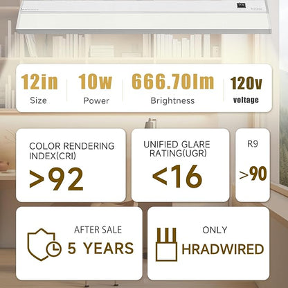 Ansen Hardwired Under Cabinet Lighting, 12in 10W LED Light for Kitchen/Closet, 666.7lm, CRI>92, R9>90, Dimmable, 5 Color Temperature, 2700K-5000K(Warm White, Cool White, Daylight)