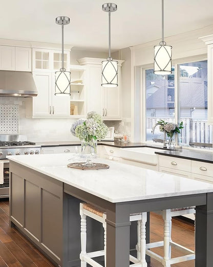 Brushed Nickel Pendant Lights Kitchen Island 3 Pack, Milk Glass Kitchen Pendant Lighting Over Island with Rods, Modern Mini Hanging Light for Sink Dining Room, CH9176BNW-3PK