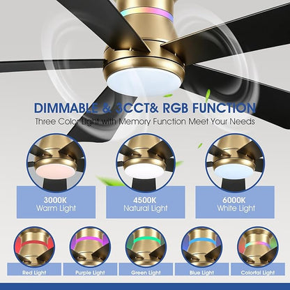 Surtime 46" Ceiling Fans with RGB Lights - Flush Mount Ceiling Fan Light with LED 3CCT Dimmable, Modern Low Profile Gold Ceiling Fan with Reversible Black Blades