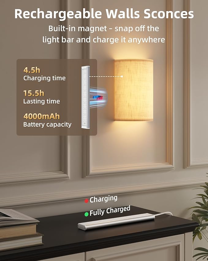 EZVALO Battery Operated Wall Sconce, Rechargeable Wall Sconces Set of Two with Remote, 3 Color & 80 RGB Wireless Wall Lights, Dimmable, Timer, Fabric Linen Shade Wall Decor for Bedroom, Living Room