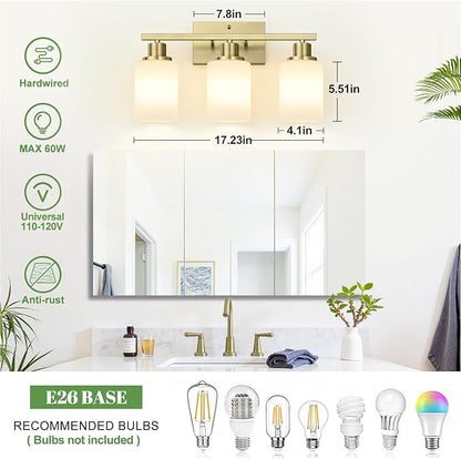 MOKATNG 3-Light Bathroom Light Fixtures, Aged Brass Vanity Light with Milky White Shades, Bathroom Lighting Fixtures Over Mirror, Modern Bathroom Wall Lamp for Mirror Living Room Cabinet Bedroom