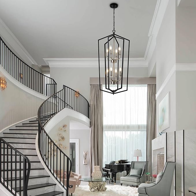 Lanhall 8-Light Lantern Tired Farmhouse Ceiling Hanging Light Black Chandelier Metal Modern Pendant Light Fixtures for Kitchen Island Dining Room Living Room Foyer Entryway-Brushed Nickel