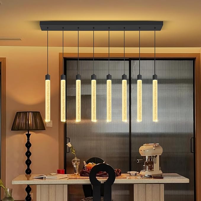 Modern Rectangular Crystal Chandelier LED Dimmable Crystal Column Chandelier Living Room Crystals Pendant Light for Dining Room Adjustable Height 8-Light Black