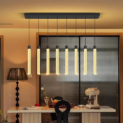 Modern Rectangular Crystal Chandelier LED Dimmable Crystal Column Chandelier Living Room Crystals Pendant Light for Dining Room Adjustable Height 8-Light Black