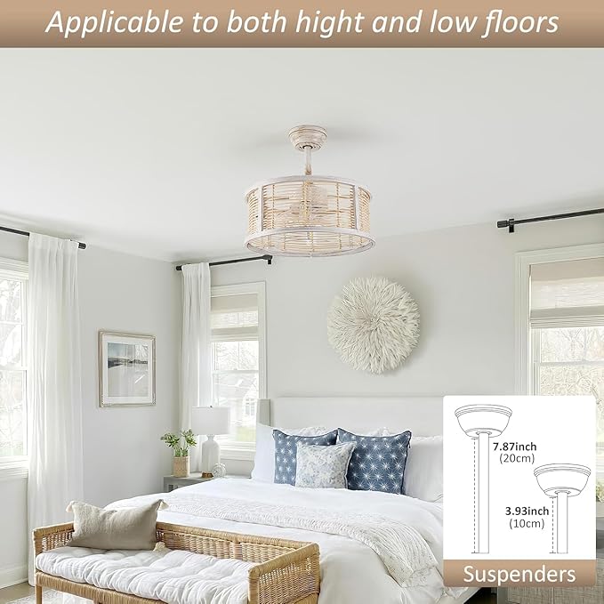 ainqiant 20 Inch Rattan Caged Ceiling Fan with Light, Boho White Fandelier Ceiling Fan with Lights and Remote, Enclosed 6 Speed for Bedroom Kitchen Dining Room