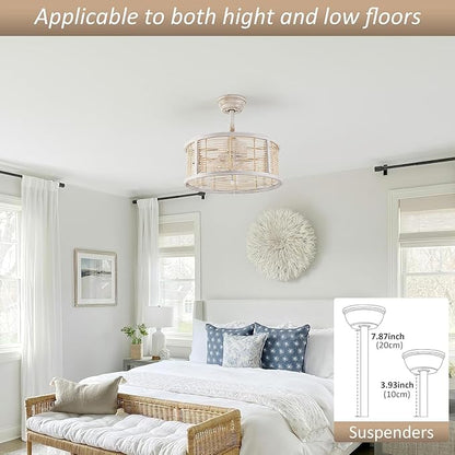 ainqiant 20 Inch Rattan Caged Ceiling Fan with Light, Boho White Fandelier Ceiling Fan with Lights and Remote, Enclosed 6 Speed for Bedroom Kitchen Dining Room