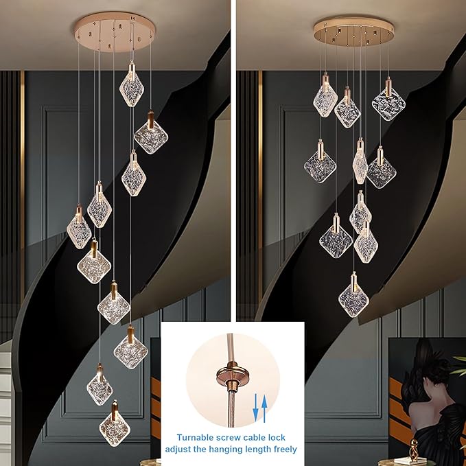 Staircase Crystal Chandelier 10-Light Pendant Light, Modern Square LED H118 High Hanging Ceiling Fixture with Gold Base for Living Room, Dining Room, Kitchen, and Hallway