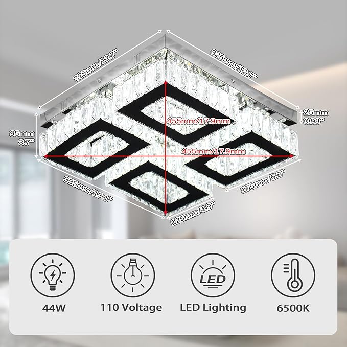 13.1'' Modern Square Crystal Chandeliers Flush Mount Square Crystal Ceiling Light Fixtures Stainless Steel LED Chandelier Light for Bedroom Dining Room Hallway Cool White