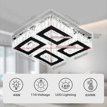 13.1'' Modern Square Crystal Chandeliers Flush Mount Square Crystal Ceiling Light Fixtures Stainless Steel LED Chandelier Light for Bedroom Dining Room Hallway Cool White