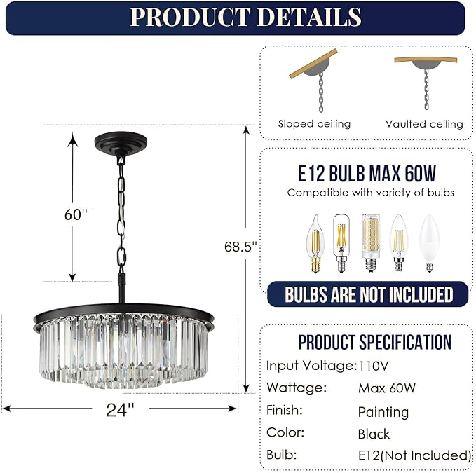 Chandeliers 9-Light, Modern Pendant Lighting, Metal Ceiling Light Fixture Adjustable Height for Kitchen Dining Room Living Room Hallway, Dia 24" Black