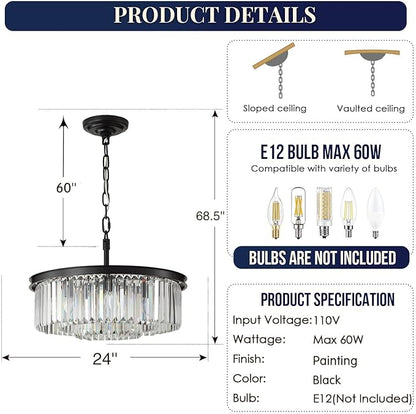 Chandeliers 9-Light, Modern Pendant Lighting, Metal Ceiling Light Fixture Adjustable Height for Kitchen Dining Room Living Room Hallway, Dia 24" Black