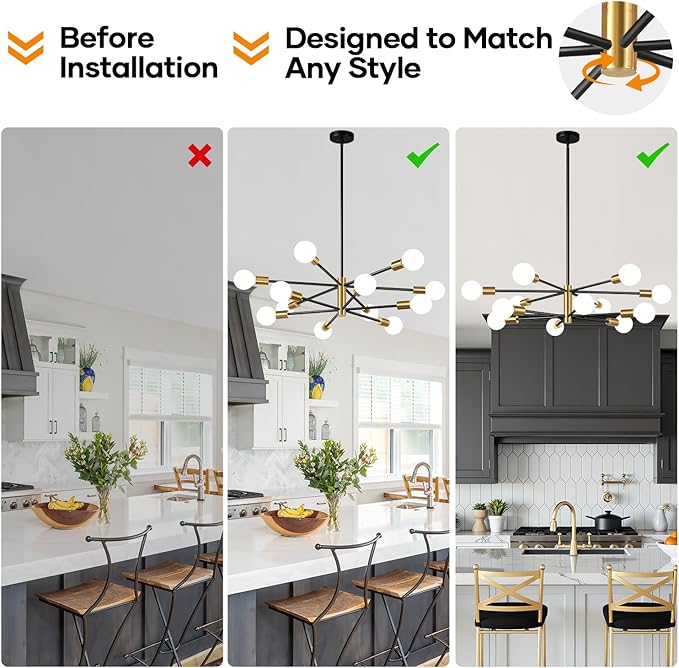 33" Modern Chandelier Ceiling Light Fixture, 12-Light Sputnik Chandeliers Brushed Gold and Black Mid Century Chandelier Over Table, Height Adjustable Chandeliers for Dining Room Living Room Kitchen