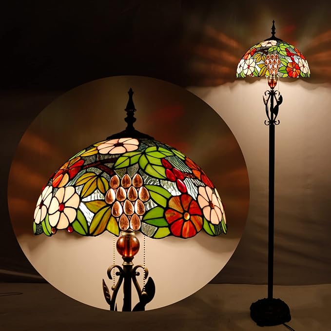 Tiffany Floor Lamp Stained Glass Standing Reading Lamp 16x16x70 Inches Antique Pole Corner Light for Bedroom Living Room (Grapes Flower)