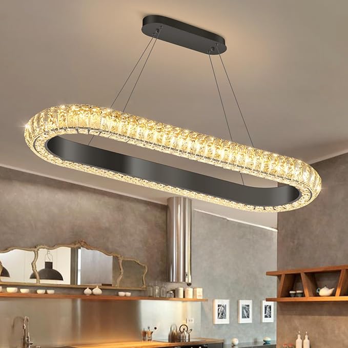 32'' Oval Ring Crystal Chandelier Modern LED Dimmable Ring Pendant Light Chandelier for Dining Room Living Room Black