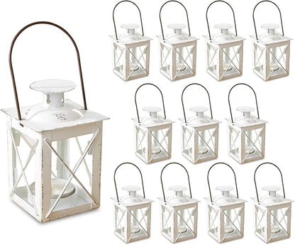 Kate Aspen Decorative Lanterns - Set of 12 - Luminous Distressed Metal Lantern Candle Holders for Wedding, Home Decor and Party - 4.5" H (6.5" H with Handle) – White