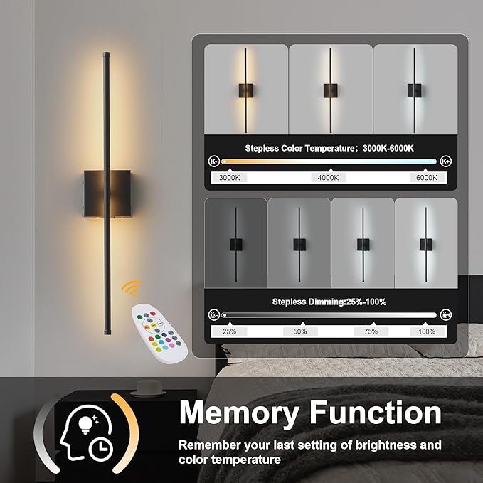 KARTOOSH 24.4 Inch 9 RGB Color Battery Operated Wireless Wall Sconces Set of Two, with Remote, Dimmable, Warm/Natural White/Daylight, Rotatable, LED Wall Light for Living Room, Bedroom, Black