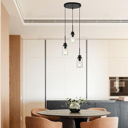 3-Lights Modern Pendant Light Fixtures Black Adjustable Height Ceiling Lights Chandelier with Clear Glass Shades Kitchen Island Lighting Hanging E26 Base for Foyer Dining Room