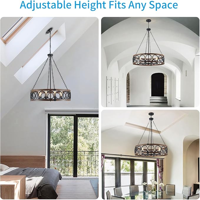 XINGQI Modern Farmhouse Chandelier 32.3" Large Drum 8 Lights Rustic Pendant Lighting Fixture for Living Room Dining Room Kitchen Island Bar Office, Round Metal Shade Black Wood Grain Finish