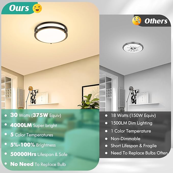 10 Inch LED Flush Mount Ceiling Light Fixture, 30W 4000LM Dimmable 2700K/3000K/4000K/5000K/6500K Color Changing Ceiling Light, Black Modern Ceiling Lamp for Living Room Bedroom Kitchen Hallway, 1-Pack