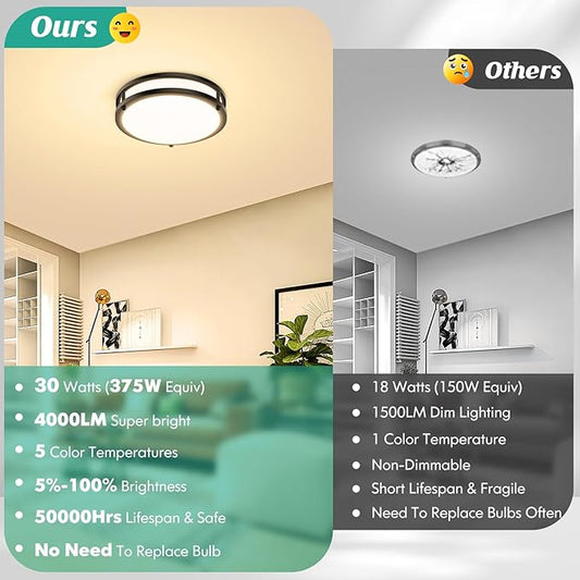 10 Inch LED Flush Mount Ceiling Light Fixture, 30W 4000LM Dimmable 2700K/3000K/4000K/5000K/6500K Color Changing Ceiling Light, Black Modern Ceiling Lamp for Living Room Bedroom Kitchen Hallway, 1-Pack