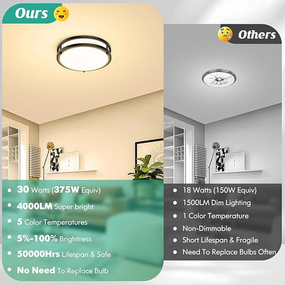 Flush Mount Ceiling Light Black, 30W 4000Lm 5CCT Dimmable LED Ceiling Light Fixture, 2700K/3000K/4000K/5000K/6500K Adjustable 10 Inch for Hallway Bedroom Bathroom Kitchen Closet Offices, Set of 2