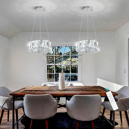 HAIXIANG Modern Crystal Chandelier Dimmable LED 8 Inch Ring Pendant Lights Adjustable Glam Chandeliers Lighting Fixtures for Dining Room Living Room Bedroom Silver Light