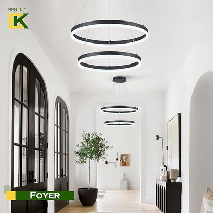 Benkut 2-Rings Modern LED Chandelier Black for Dining Room, Circular Flush Mount Ceiling Chandelier Light Dimmable Pendant Light with Remote Control for Living Room Entrance Foyer, 3000K-6500K