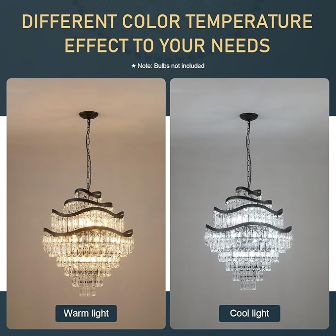 9-Tier 16 Lights Crystal Chandelier Luxury Light Fixtures 24" Black K9 Crystal Pendant Ceiling Lighting for Living Room Dining Room Foyer Bedroom Kitchen, E12