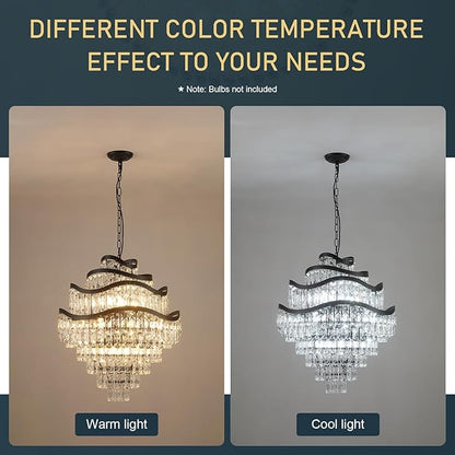 9-Tier 16 Lights Crystal Chandelier Luxury Light Fixtures 24" Black K9 Crystal Pendant Ceiling Lighting for Living Room Dining Room Foyer Bedroom Kitchen, E12