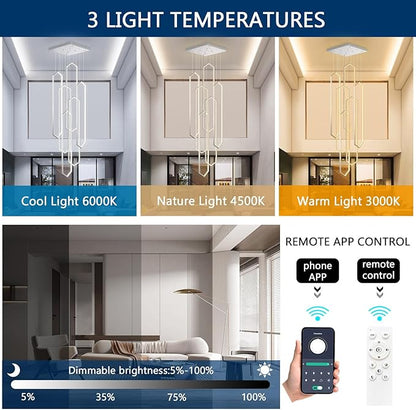 6 Rings Modern Chandelier LED Dimmable Long Large High Ceiling Chandelier Adjust Flush Mount Ceiling Light for Entrance Foyer Lobby Staircaes